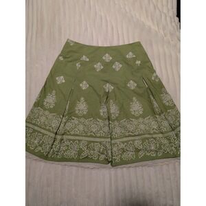 Talbots Green White Floral Block Print Cotton A-Line Skirt Eyelet Trim Size 10